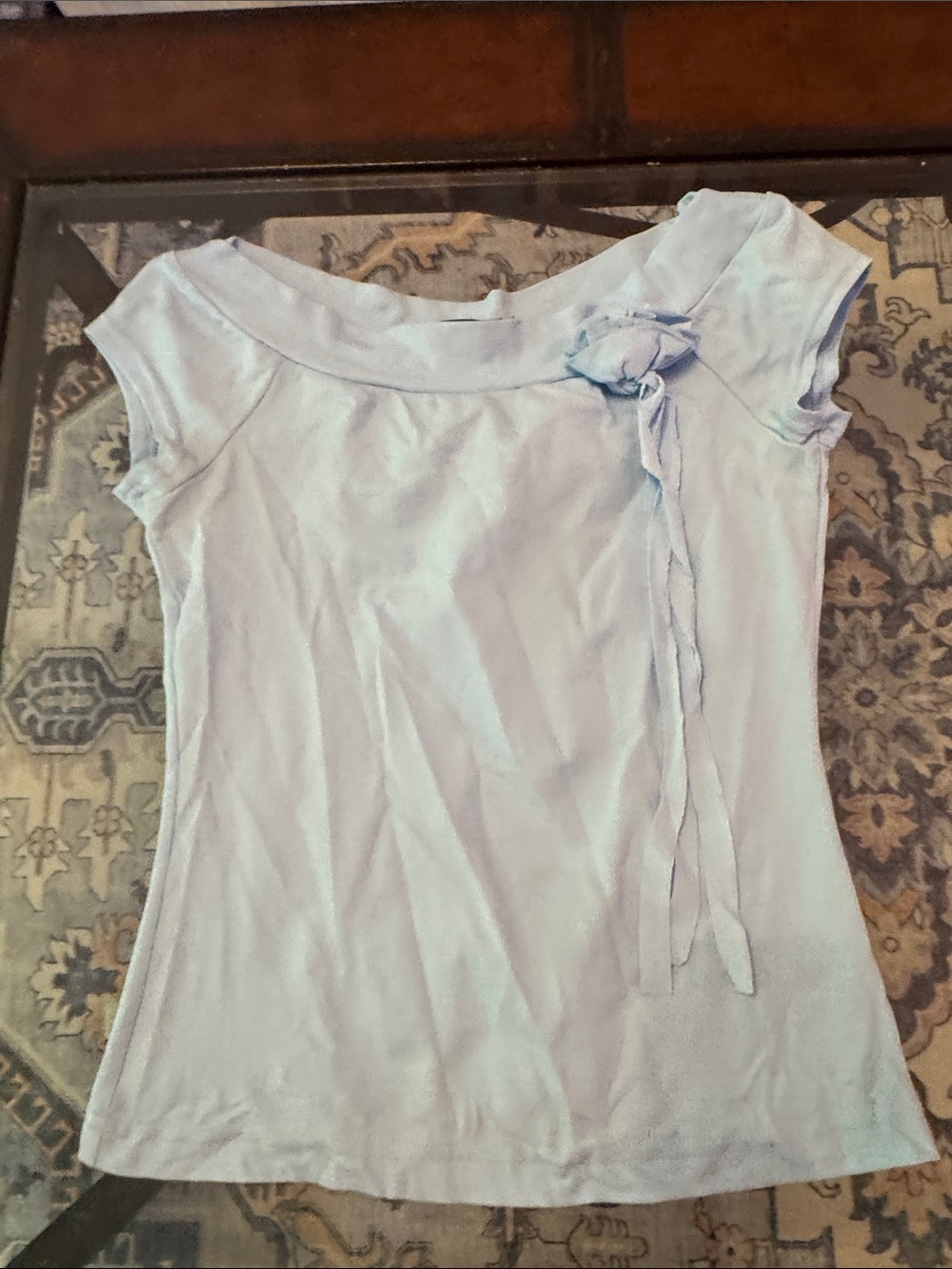 Self Esteem Baby Blue Cap-Sleeve Top with Neck Rosette